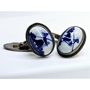 Vintage 835 Silver & Ceramic [Windmill/Countryside] Cufflinks (Tarnished)